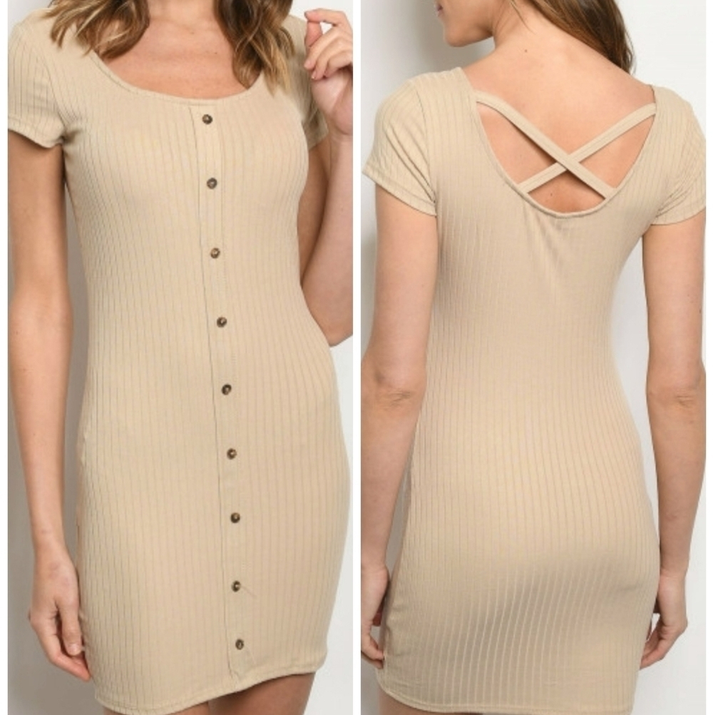 Taupe Crossback Ribbed Knit Bodycon Midi Dress